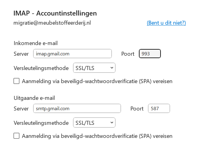 Voorbeeld van instellingen in Outlook