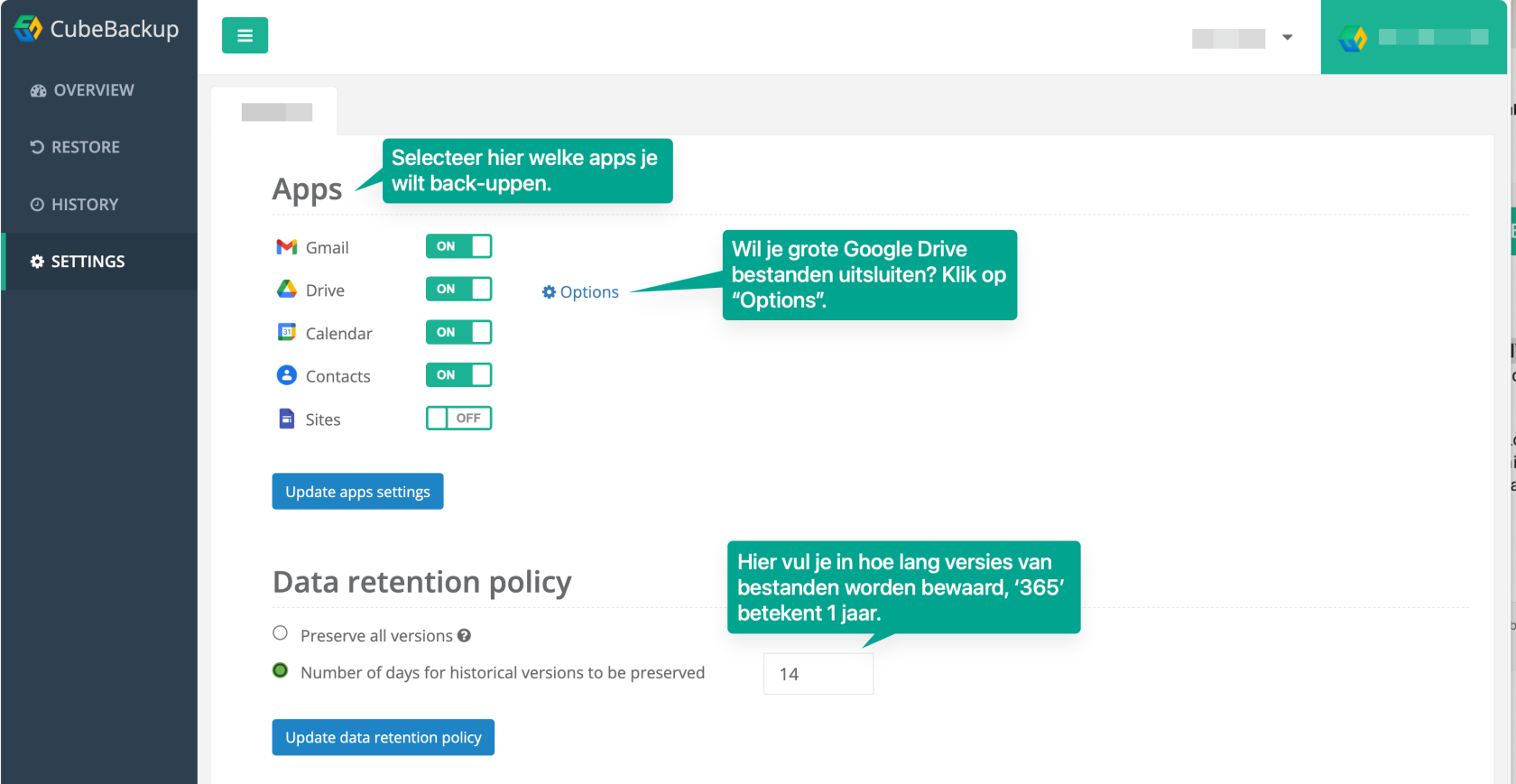 CubeBackup instellingen overzicht
