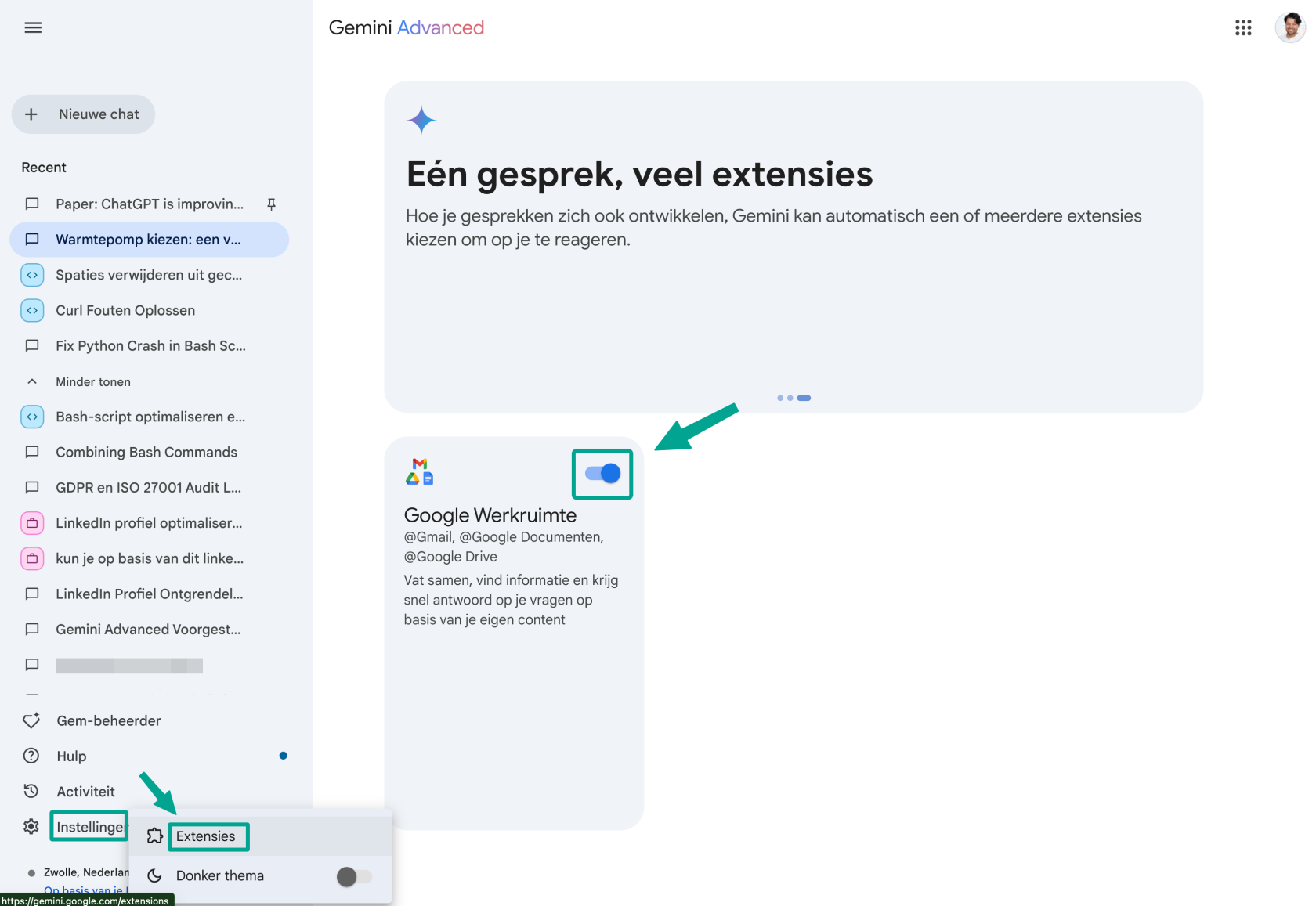 Instellingen voor Google Gemini